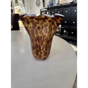 Hand Blown Leopard Print/Tortoise Shell White Encased Art Glass Vase - 9.75" H